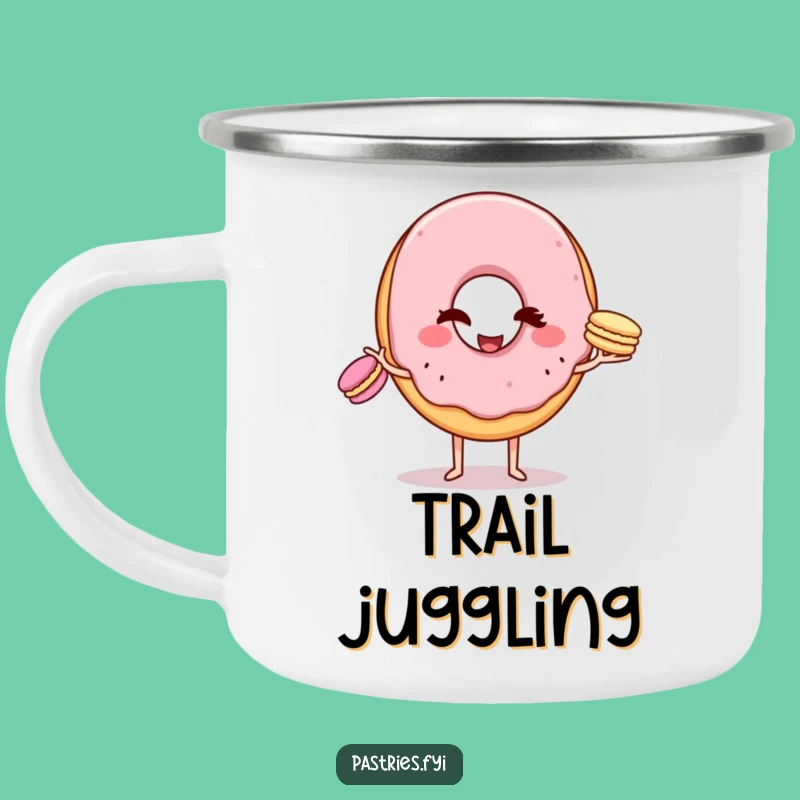 Funny Donut Macaron Juggling Camping Mug: Witty Character for Outdoors