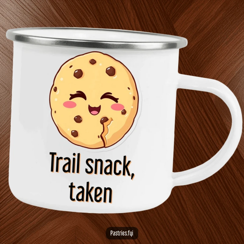 Funny camping mug showing a cheeky cookie character winking with a bite missing, perfect for outdoor trips, a humorous gift.