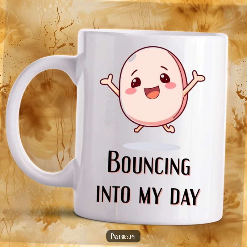 Funny mug featuring a happy macaron character bouncing with pure excitement, radiating cheerful energy.