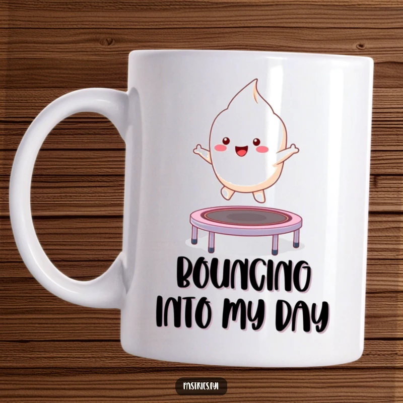 Funny kawaii meringue character joyfully bouncing high on a small trampoline, a delightful and humorous mug.