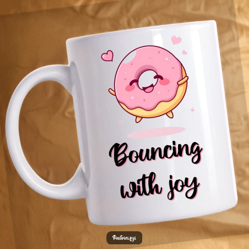 Funny Mug: A giggling jelly donut character happily bouncing like a ball, radiating pure, infectious joy.