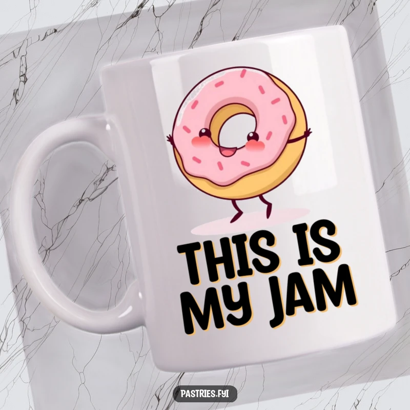 Funny Mug featuring a delighted donut with tiny legs performing a cheerful, energetic cartwheel.
