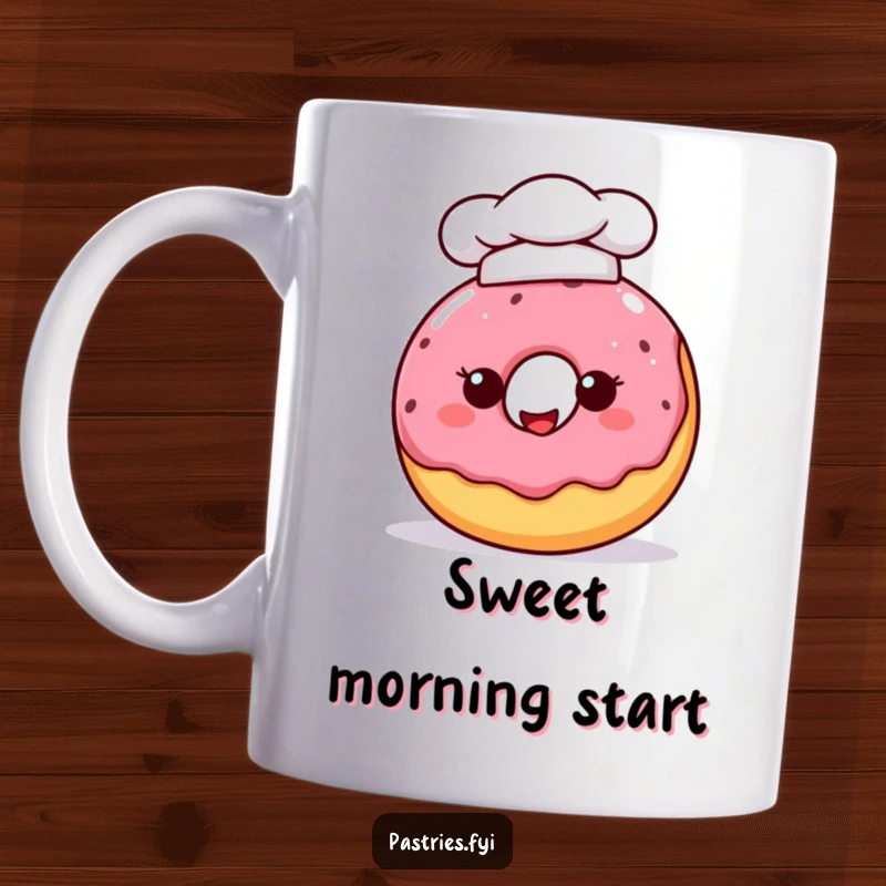 Funny, cheerful donut character wearing a tiny chef hat, looking ready to whip up some delicious baked goods with a smile.