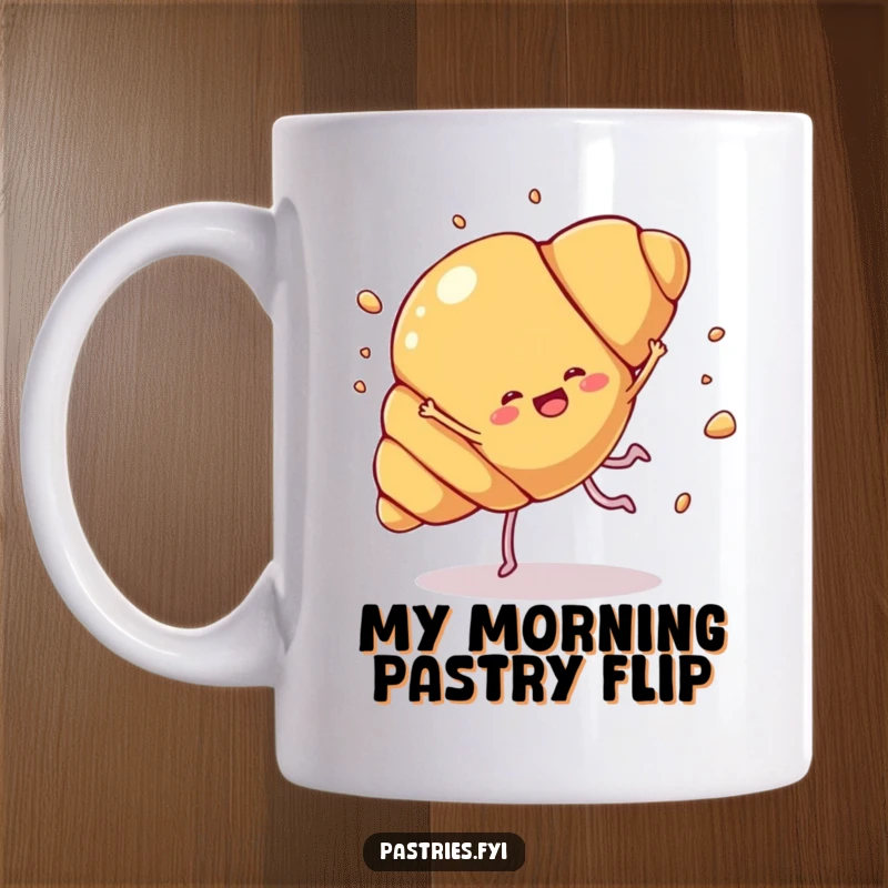 Funny croissant mug featuring a croissant character with legs doing a joyful cartwheel, with edible flakes flying everywhere, perfect for bakers.