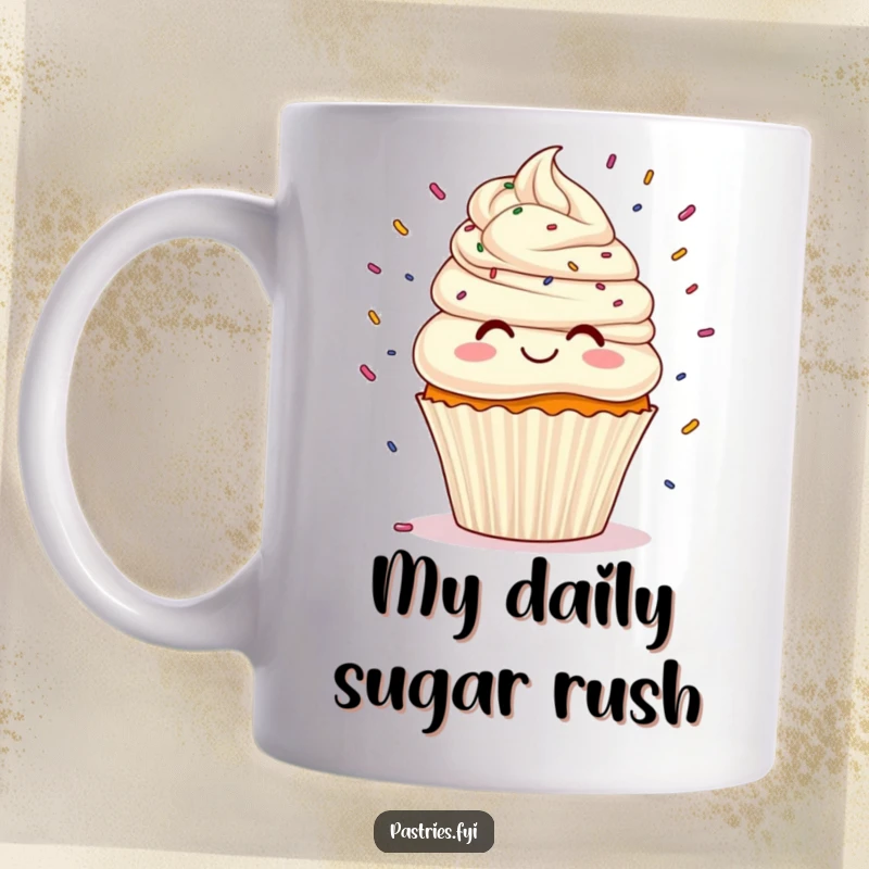 Funny cupcake with swirly frosting hair playfully juggling colorful sprinkles, a delightful and humorous treat for mug lovers.