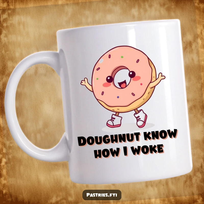 Funny plump donut wearing tiny boots, enthusiastically performing a spirited jig, a delightful and humorous mug design.