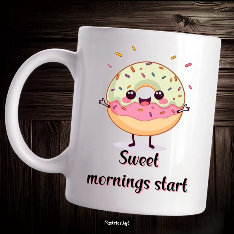 Funny mug showing a happy donut character expertly juggling a cascade of colorful sprinkles, spreading sugary delight.