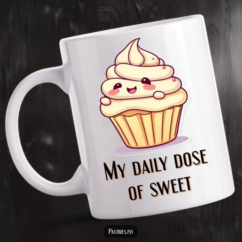 Funny mug depicting a giggling cupcake character joyfully sliding down a swirl of frosting, a delicious and humorous gift idea.