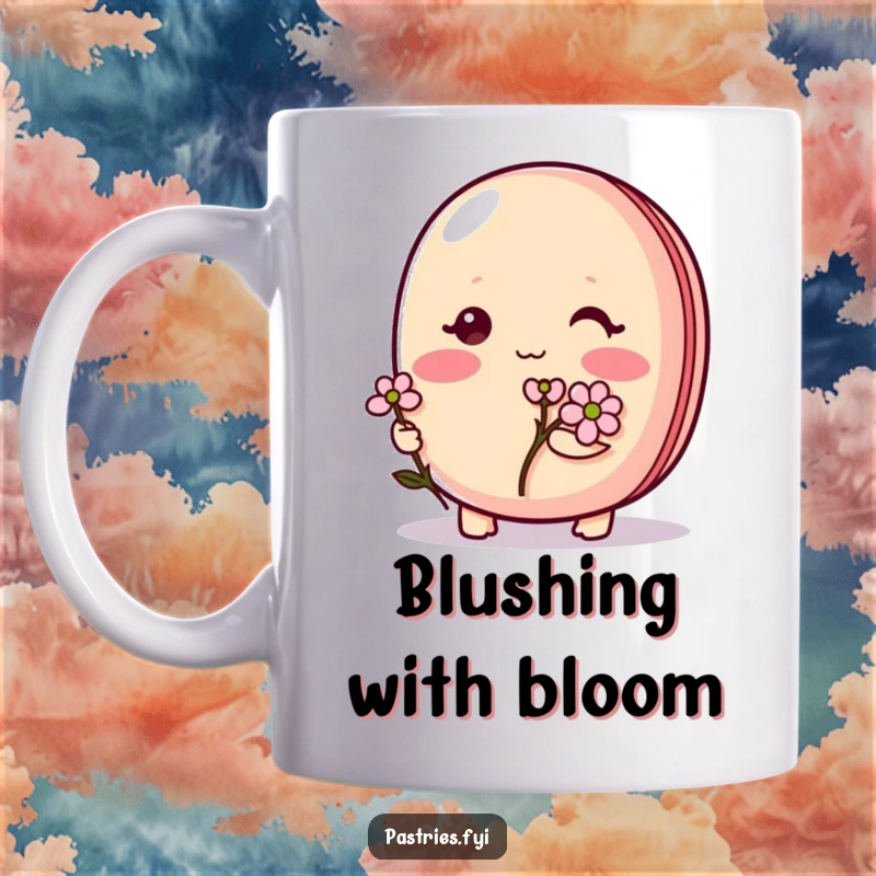 Funny Macaron Mug: Shy, blushing macaron character gently holding a small, delicate flower, exuding sweet bashfulness.