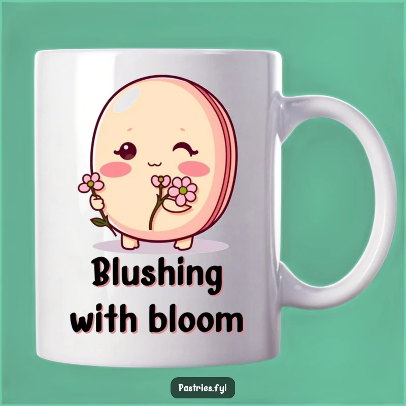 Funny Shy Macaron Mug: Adorable blushing character with flower, a perfect sweet gift.