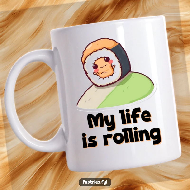 Funny sushi roll character playfully rolling down a grassy hill, expressing pure joy and freedom on this mug.