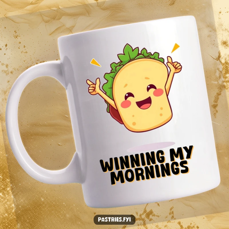 Funny taco mug featuring a joyful taco character performing a triumphant victory dance, full of life and spice, a perfect kitchen collectible.