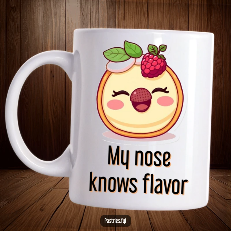 Funny mug featuring a smiling tart character winking playfully while expertly balancing a ripe raspberry on its nose.