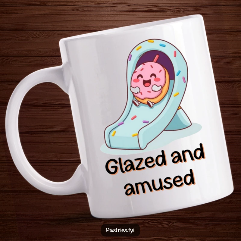 Funny mug featuring a cute donut character joyfully giggling while sliding down a vibrant sprinkle-covered slide.