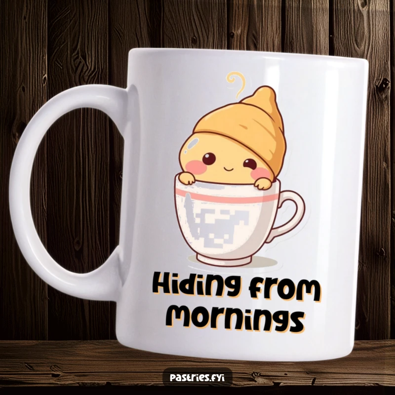 Funny blushing croissant character peeking shyly from behind a steaming coffee cup, printed on a mug, evoking warmth and humor.