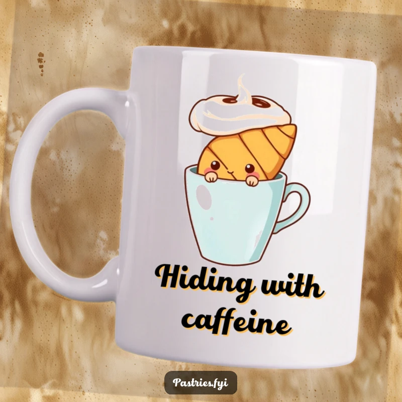 Funny shy croissant character peeking out from behind a giant coffee cup, featured on a mug. A sweet and funny morning gift.