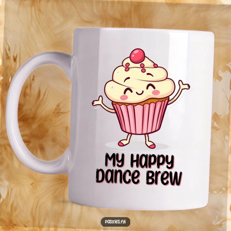 Funny Mug depicting a joyful cupcake character performing a silly jig, radiating happiness and a love for dancing.