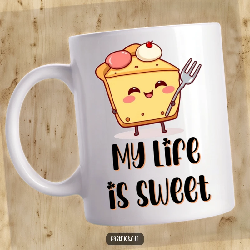 Funny pie slice character mug, giggling uncontrollably with a fork stuck in its side, hilariously embracing its dessert fate.