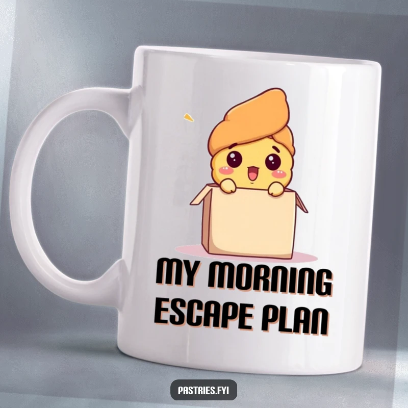 Funny mug with a surprised croissant character comically popping out of a box, expressing shock and delight, a perfect humorous gift.