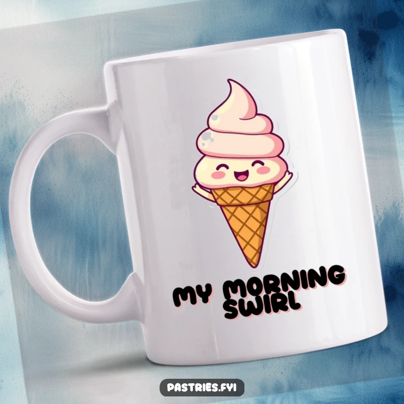 Funny mug featuring a happy ice cream cone character joyfully spinning with its eyes closed in delight.