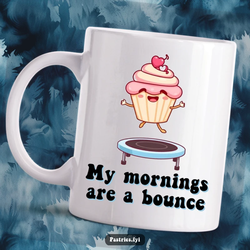 Funny Mug: A smiling cupcake character gleefully jumping high on a springy trampoline, pure joy and energy.