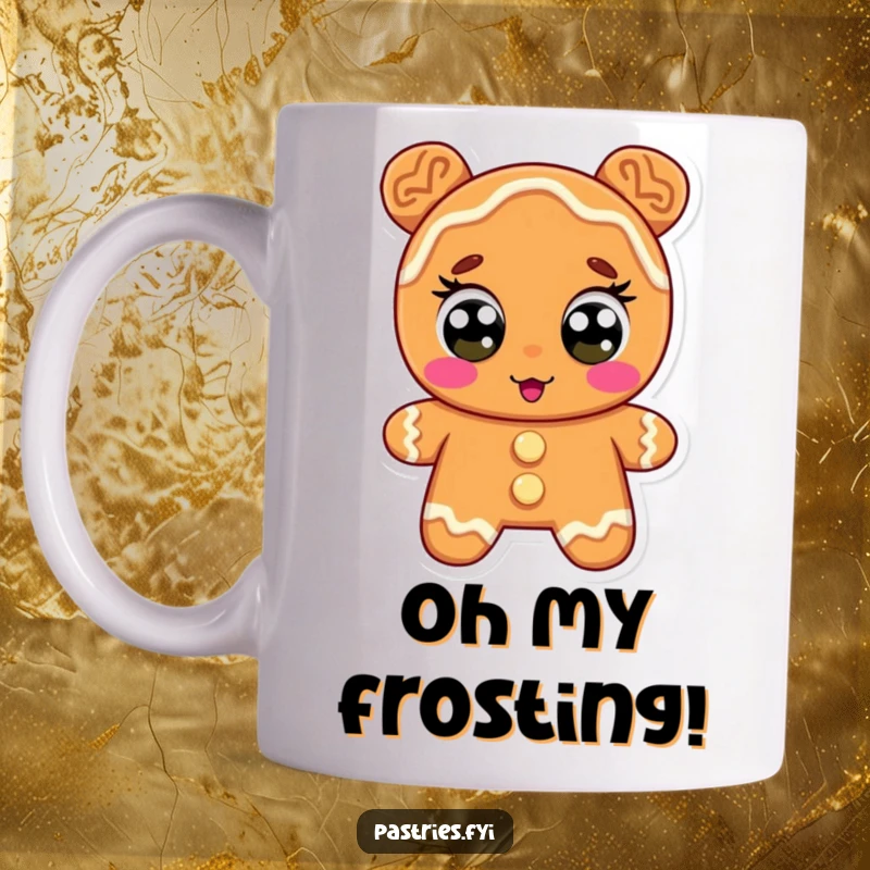 Funny gingerbread cookie mug, a character with icing eyes wide in surprise, looking shocked and comical, perfect for a funny gift.