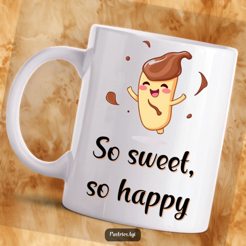 Funny mug featuring a delighted churro character covered in chocolate dip, joyfully twirling around with a big smile.