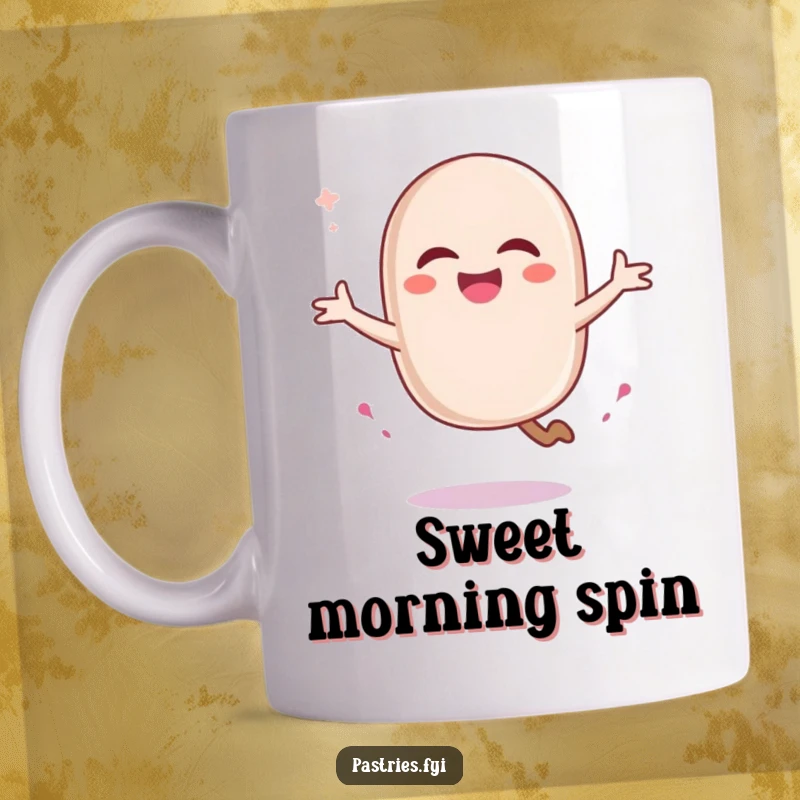 Funny laughing macaron character gracefully pirouetting and leaving a sugary trail, featured on a mug. A delightful, sweet gift.