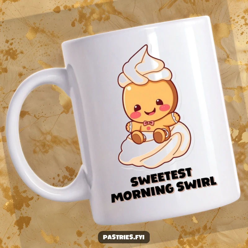 Funny gingerbread cookie mug showing a giggling cookie character sliding gleefully down a colorful frosting swirl, perfect for holiday cheer.