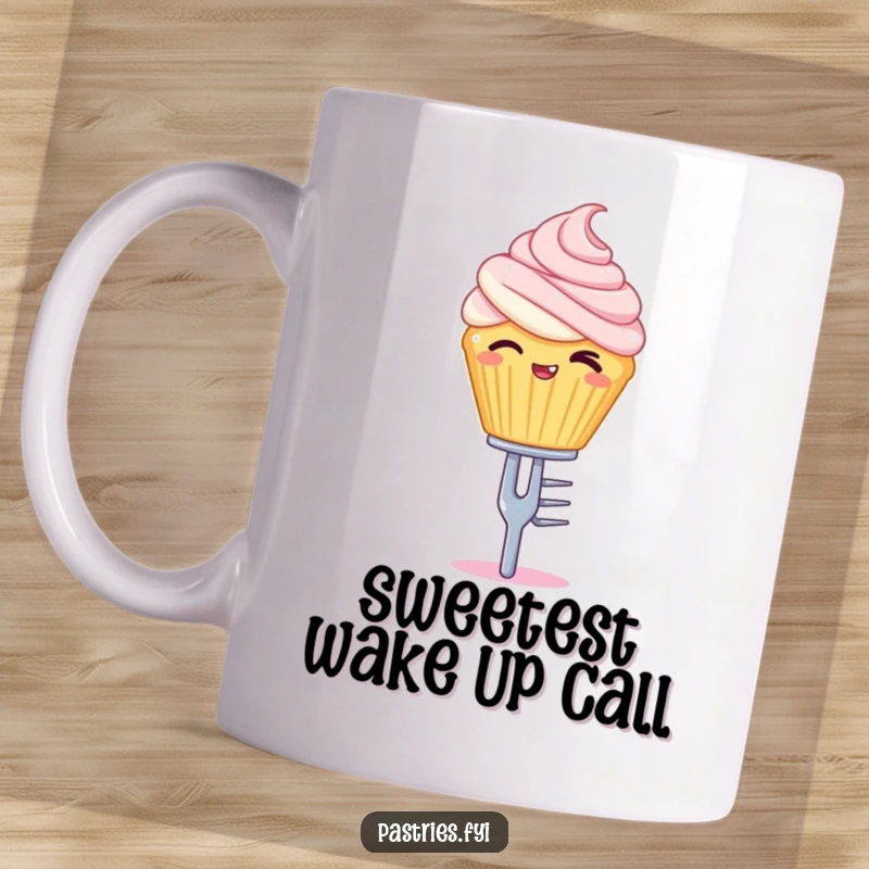 Funny mug featuring a winking cupcake character expertly balancing on a tiny silver fork, looking mischievous.