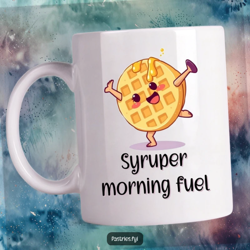 Funny waffle mug with a joyful character doing a cartwheel and syrup dripping, expressing pure breakfast bliss.