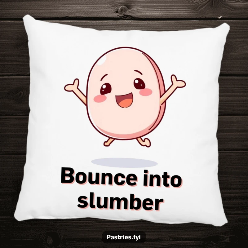 Funny pillow featuring a happy macaron character bouncing with excitement, perfect for cozying up with cheer.