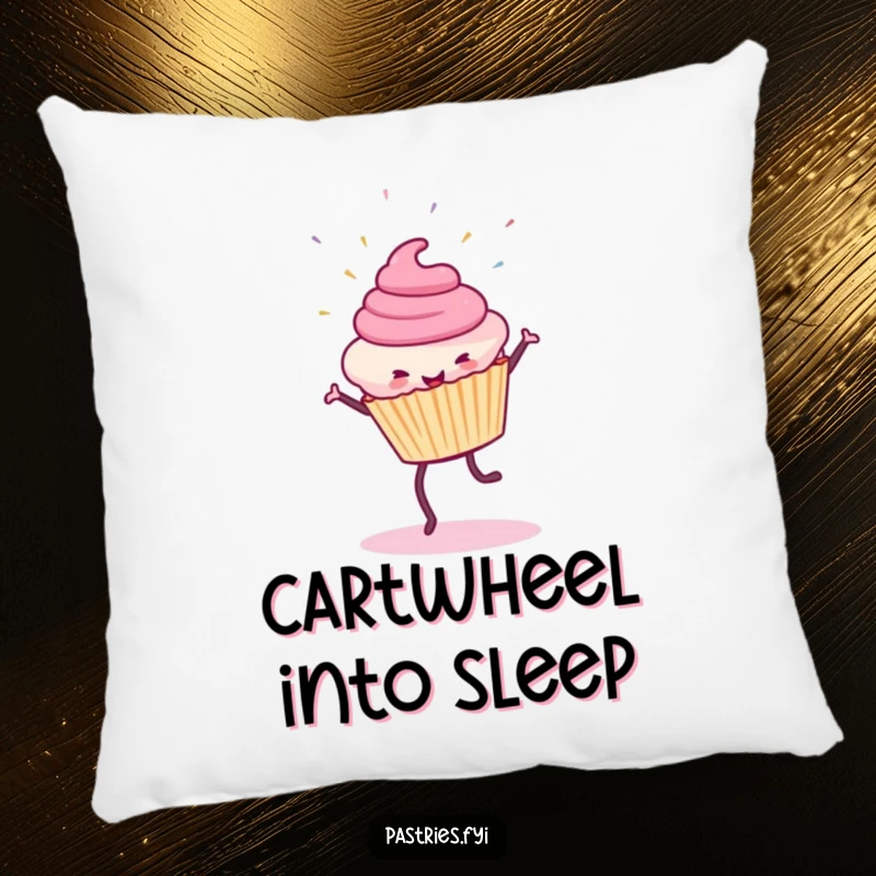 Funny Cupcake Pillow: A soft pillow showcasing a smiling cupcake in a cartwheel motion with sprinkles flying.