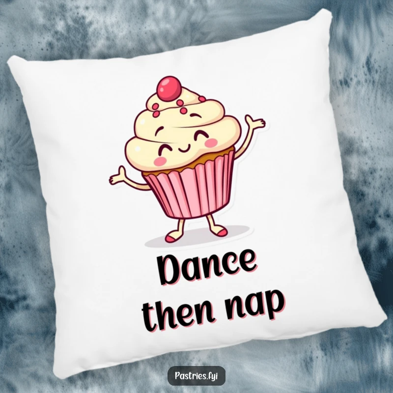 Funny Pillow featuring a happy cupcake character doing a silly jig, offering softness and delightful humor.