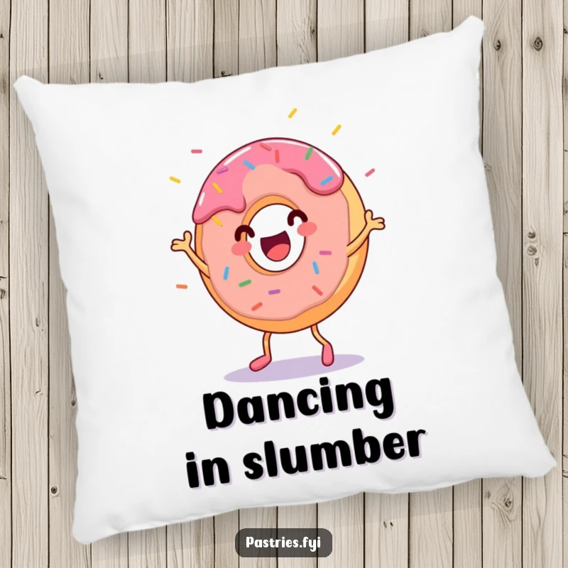 Funny donut character dancing with sprinkles flying, printed on a soft, decorative pillow. A cheerful and cozy accent.