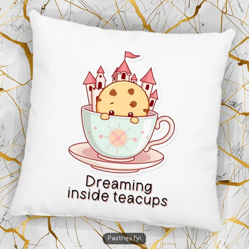 Funny Cookie Pillow: A soft pillow featuring a curious cookie peeking from the enchanting walls of a teacup castle.