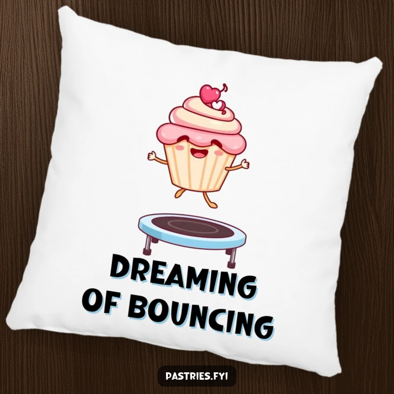 Funny Pillow: A smiling cupcake character joyfully jumping on a trampoline, soft and comforting with a humorous twist.