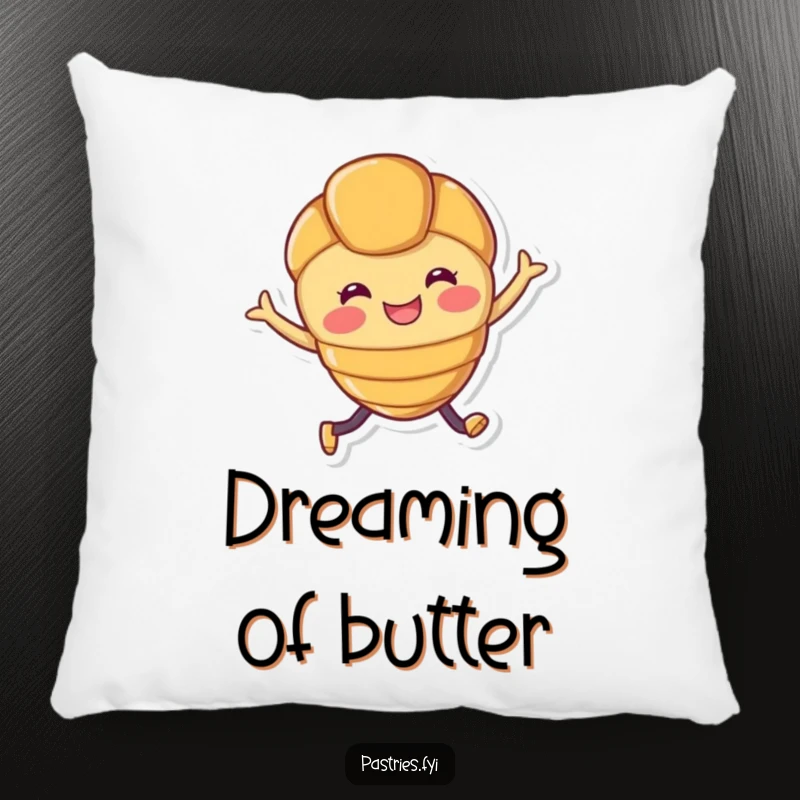 Funny pillow featuring a smiling croissant character with legs joyfully leaping, offering comfort and a dose of humor.