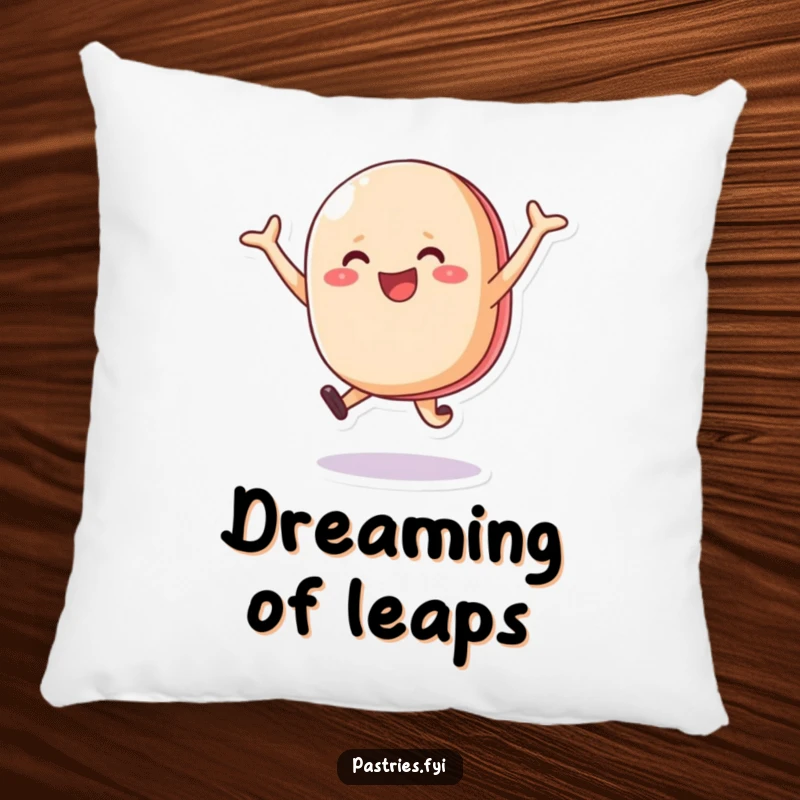 Funny happy macaron character leaping with pure joy, featured on a soft and cozy decorative pillow.