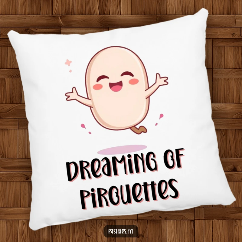 Funny macaron character in a pirouette, leaving a sugar trail, printed on a soft, decorative pillow. A charming accent.