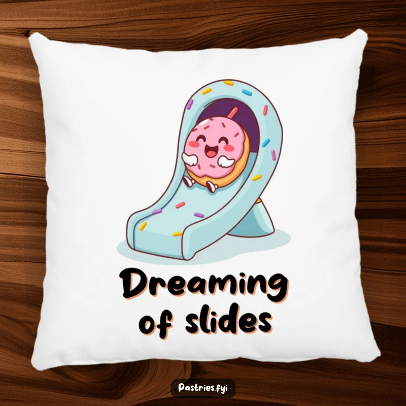 Funny pillow showcasing a cute donut character laughing heartily while sliding down a rainbow of colorful sprinkles.