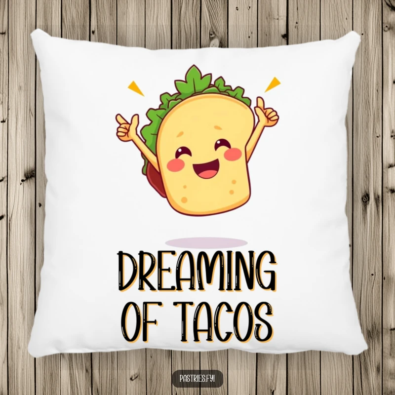 Funny taco pillow with a cheerful taco character grooving energetically, providing cozy comfort and a festive ambiance, a delightful decor piece.