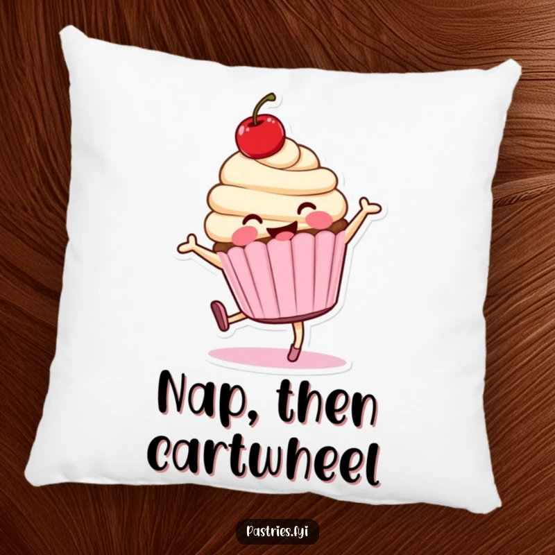 Funny cartwheeling cupcake character pillow, smiling and soft, offering cheerful comfort and playful spirit.