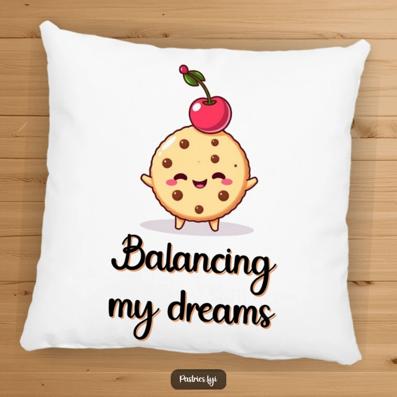 Funny cookie character balancing a cherry on its head, printed on a soft, decorative pillow. A cozy delight.