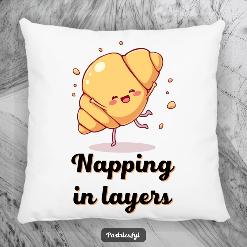 Funny croissant cartwheel pillow with a croissant character doing a joyful cartwheel, with pastry flakes flying, offering humorous comfort.