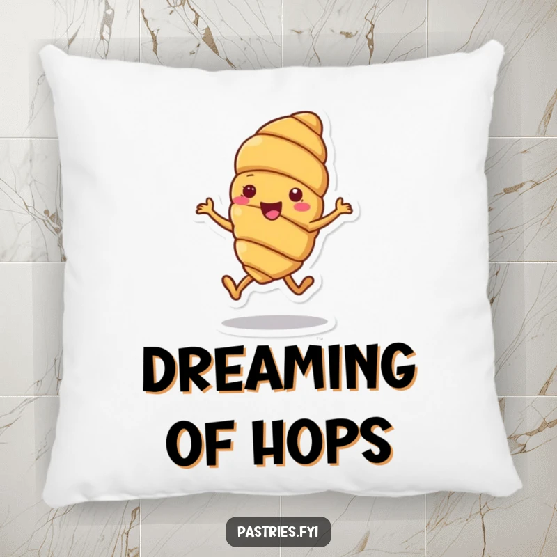 Funny pillow featuring a cheerful croissant character doing a joyful little hop, perfect for adding whimsical comfort.