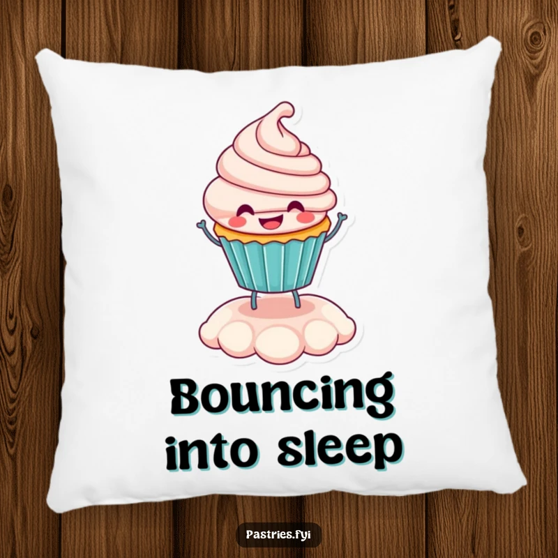 Funny smiling cupcake character bouncing happily on its frosting, featured on a soft and cozy decorative pillow.