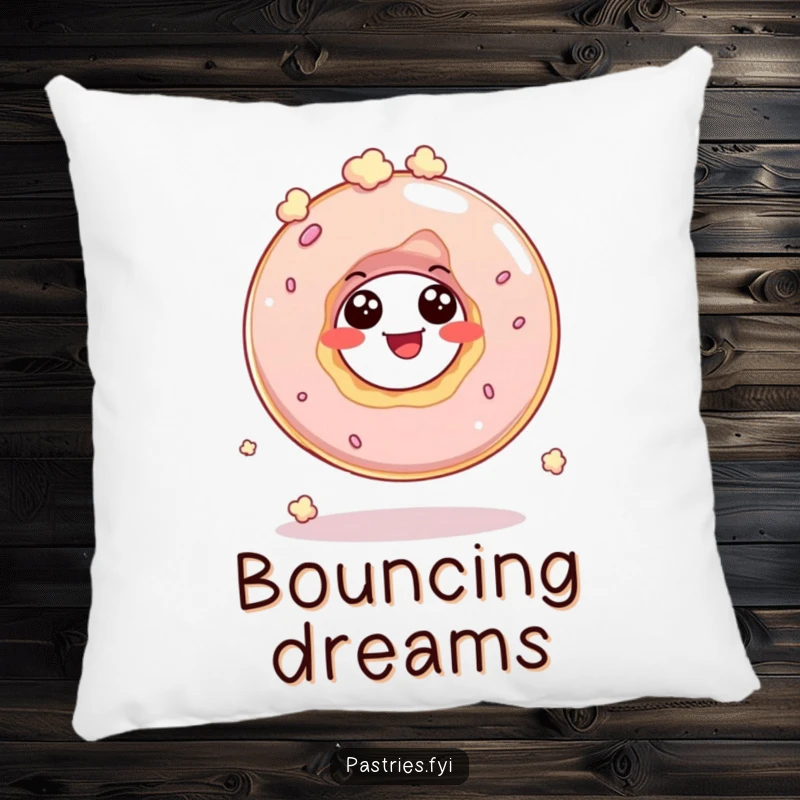Funny pillow featuring a giggling donut hole character bouncing like popcorn, perfect for adding whimsical comfort.