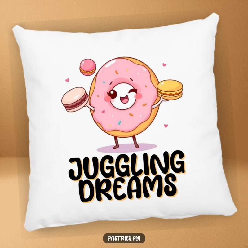 Funny pillow featuring a winking donut character juggling three colorful macarons, perfect for adding whimsical comfort.