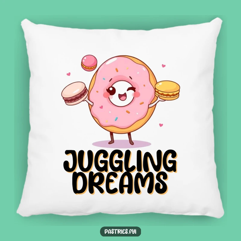 Funny Donut Juggler Pillow: Winking Donut with Macarons, Cozy Gift